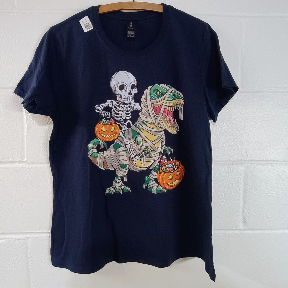 T-Rex Dino Skeleton Navy Blue Halloween Graphic Short Sleeve T-shirt Women LARGE